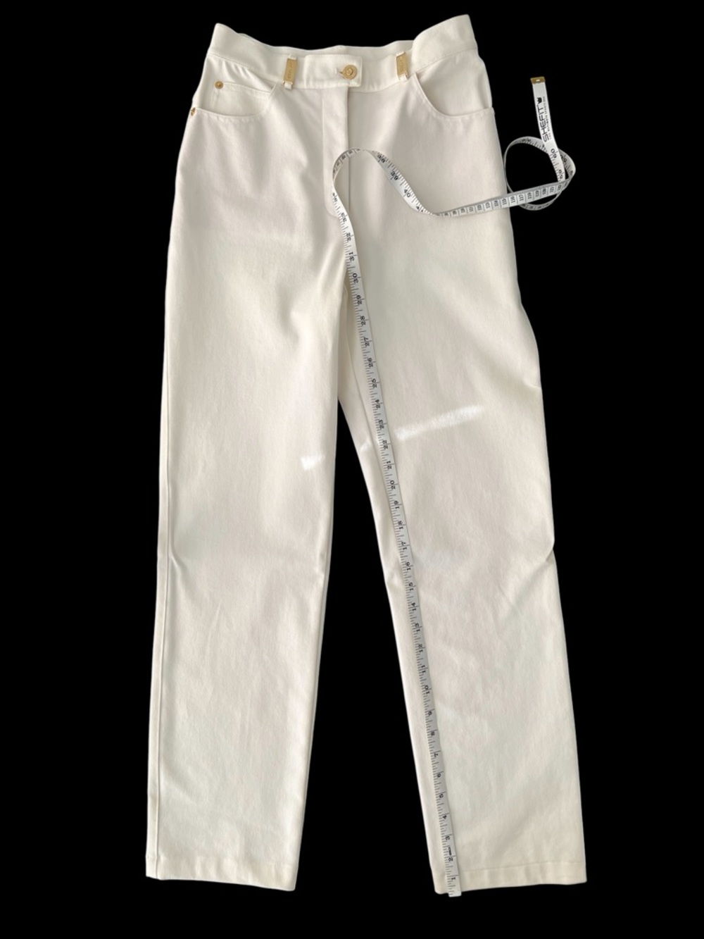 Vintage St John High Rise Pants White Straight Leg Stretch Gold Logo Hardware 26